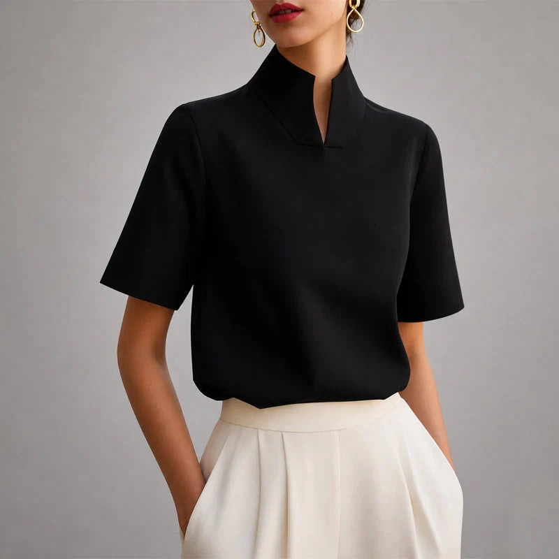 Virelia | Tailored High-Neck Slit Collar Top Sophisticated Short-Sleeve Blouse