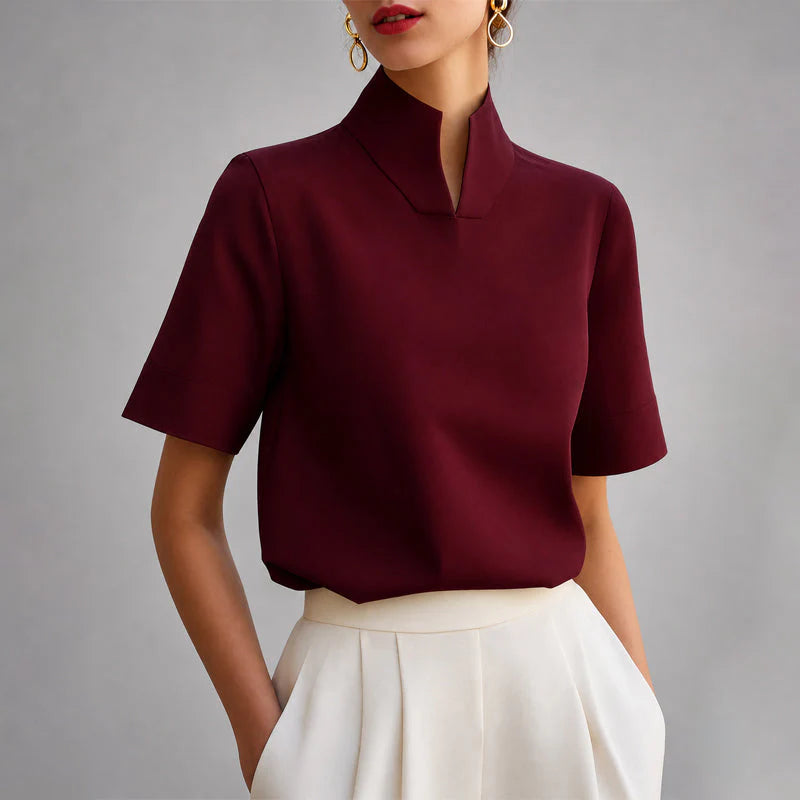 Virelia | Tailored High-Neck Slit Collar Top Sophisticated Short-Sleeve Blouse
