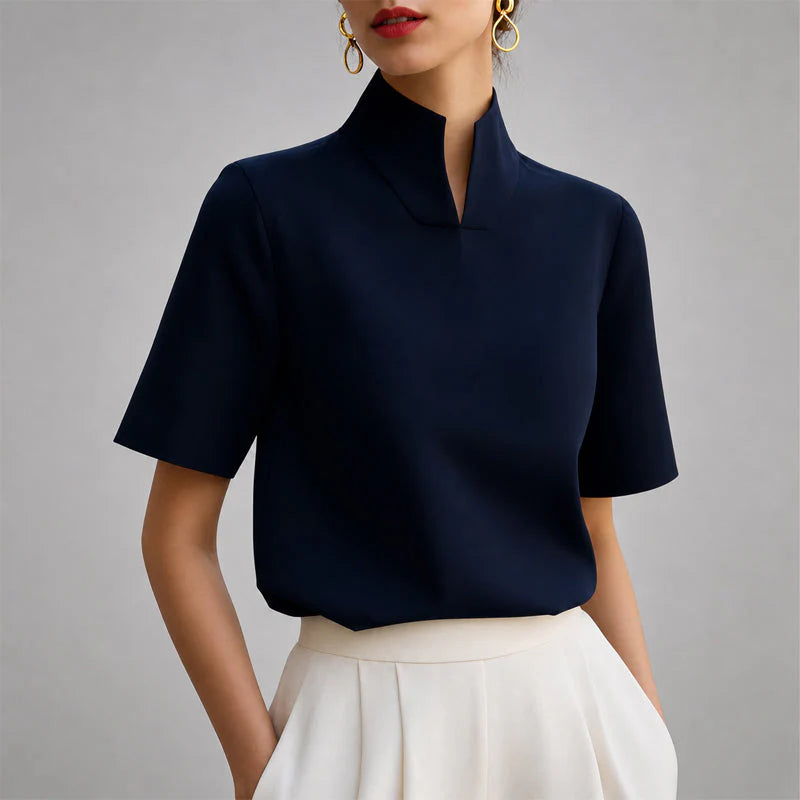 Virelia | Tailored High-Neck Slit Collar Top Sophisticated Short-Sleeve Blouse