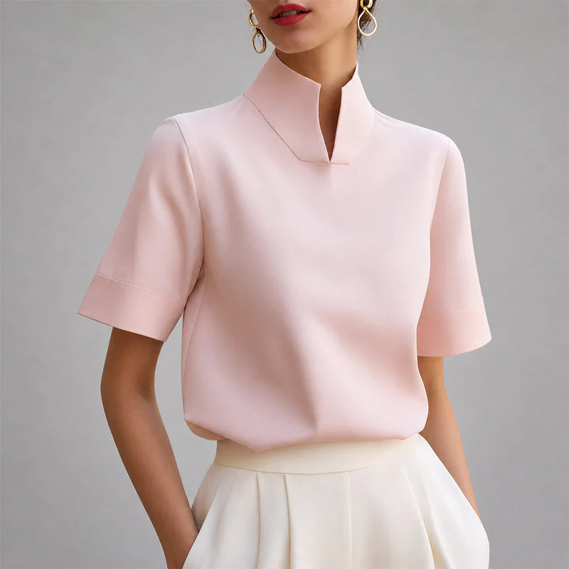 Virelia | Tailored High-Neck Slit Collar Top Sophisticated Short-Sleeve Blouse