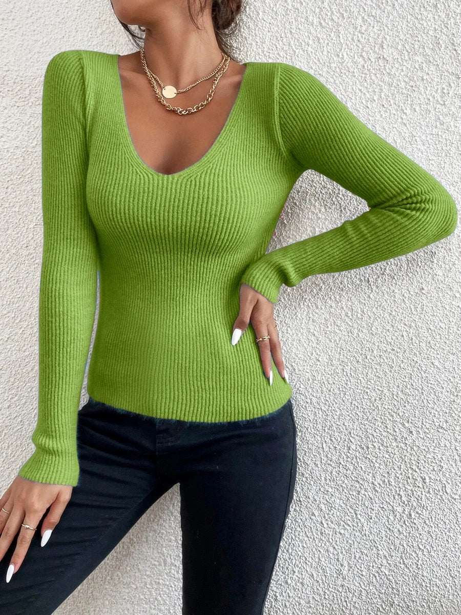 Wilhelmina | Fitted Ribbed-Knit Scalloped V-Neck Sweater - Lightweight Long-Sleeve Top