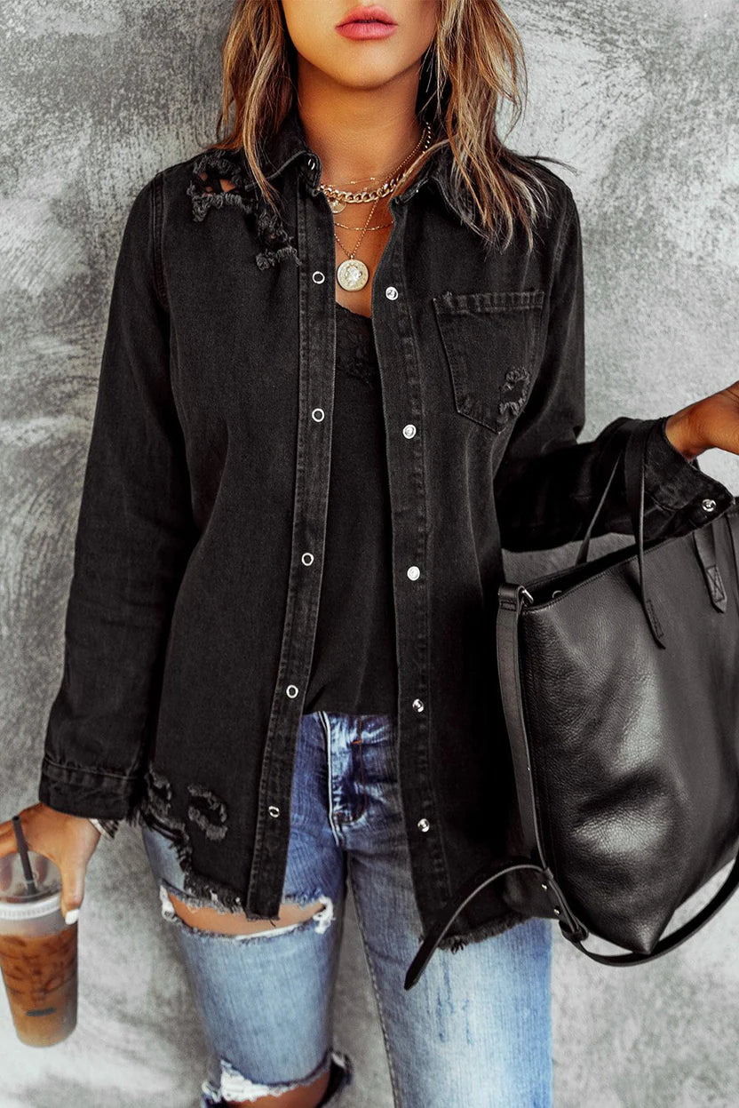 Women’s Distressed Black Denim Jacket – Trendy Streetwear Jean Coat