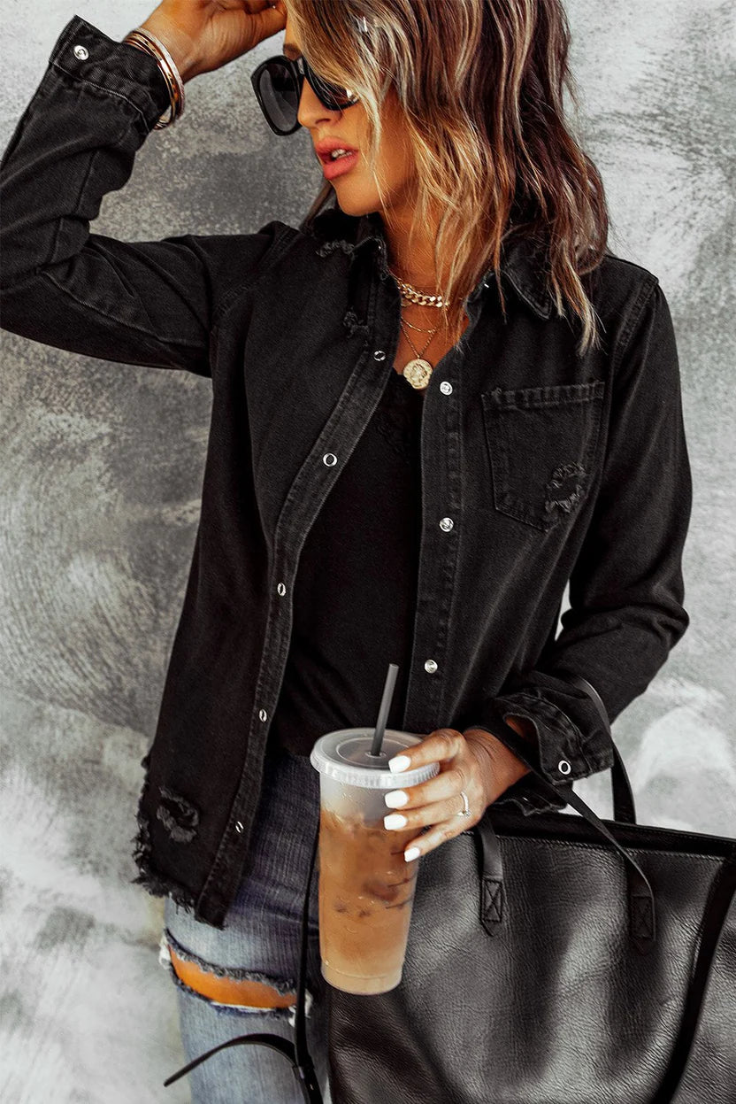 Women’s Distressed Black Denim Jacket – Trendy Streetwear Jean Coat