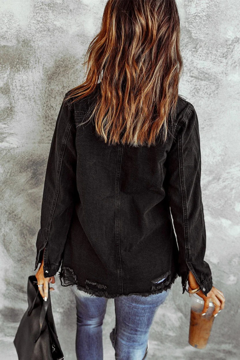 Women’s Distressed Black Denim Jacket – Trendy Streetwear Jean Coat