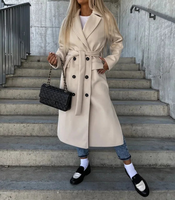 Valentina | Belted Longline Trench Coat – Double Button Tailored Outerwear Jacket
