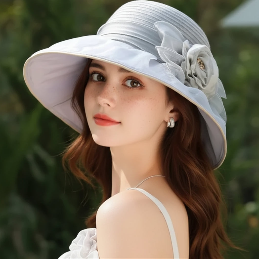 Women's Blossom Accent Wide Brim Sun Hat - Garden Party Style