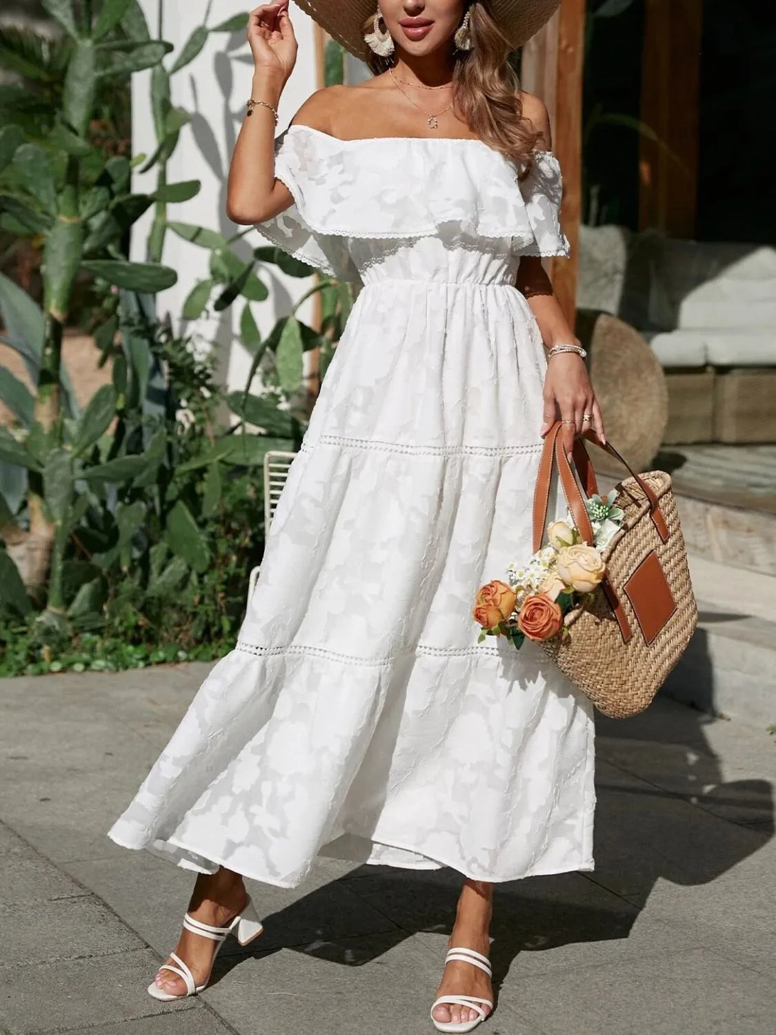 Women's Bohemian Ruffle Layer Maxi Dress – Off Shoulder Lightweight Summer Style