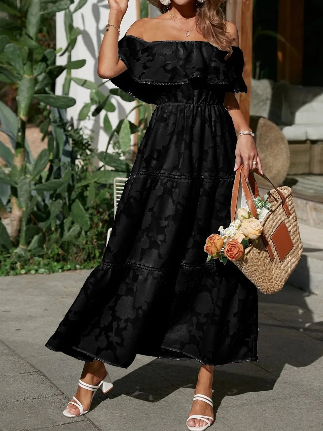 Women's Bohemian Ruffle Layer Maxi Dress – Off Shoulder Lightweight Summer Style