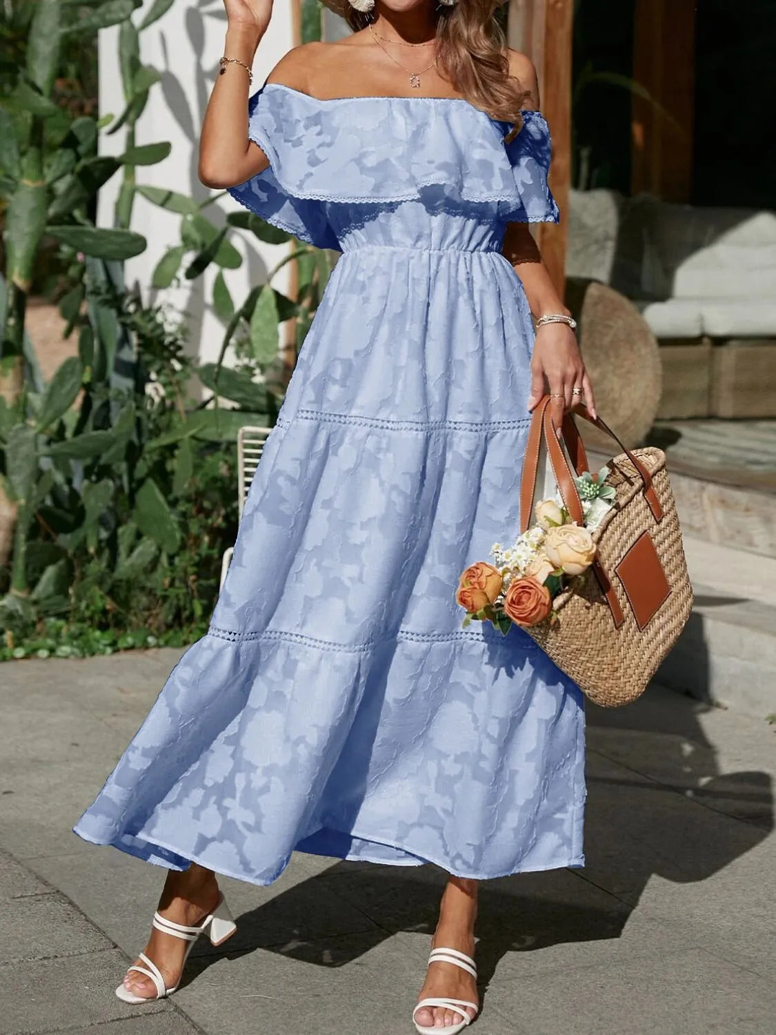 Women's Bohemian Ruffle Layer Maxi Dress – Off Shoulder Lightweight Summer Style