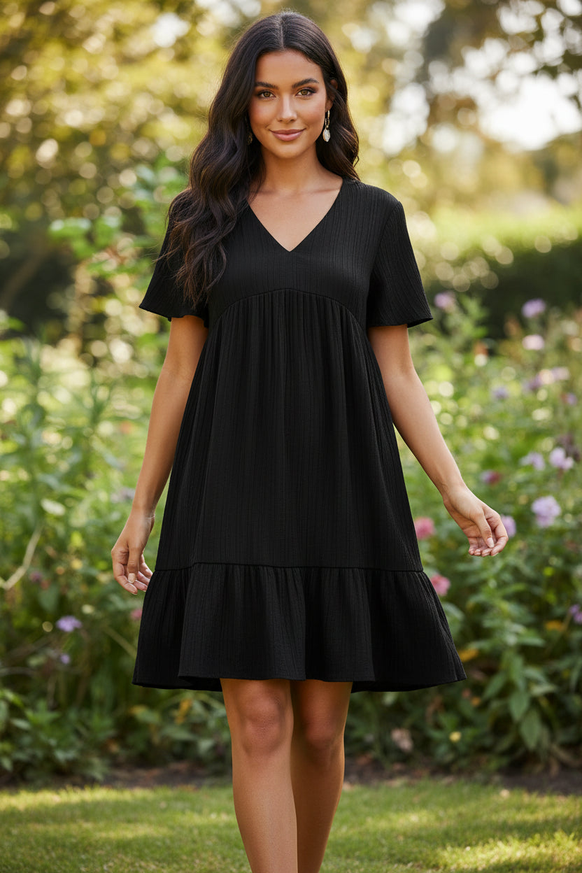 Women's Boho-Inspired Swing Mini Dress - Short Sleeve V-Neck Dress for Beach & Travel