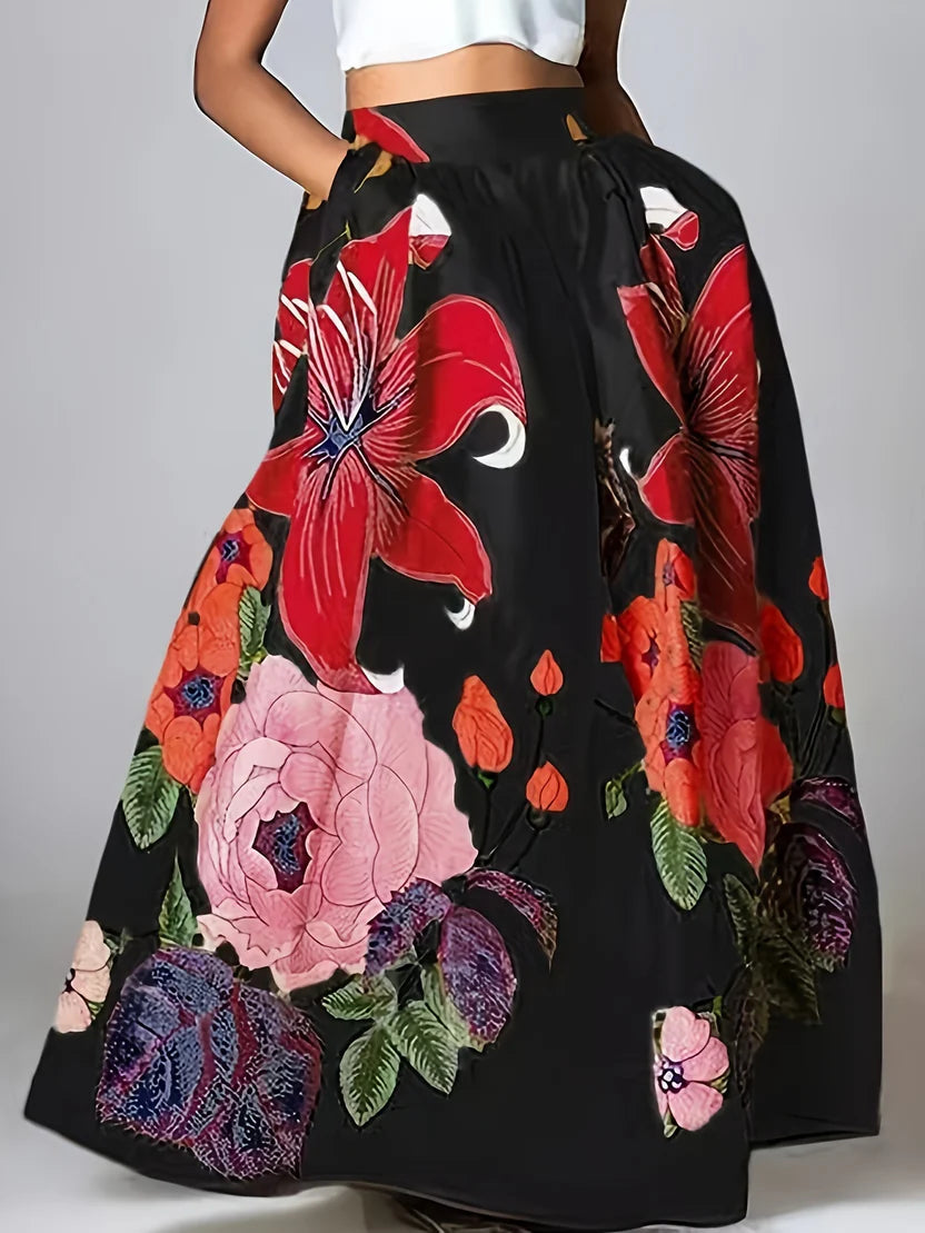 Women’s Boho Bloom High-Rise Maxi Skirt with Side Pockets - Flowing Elastic Waist A-Line Skirt