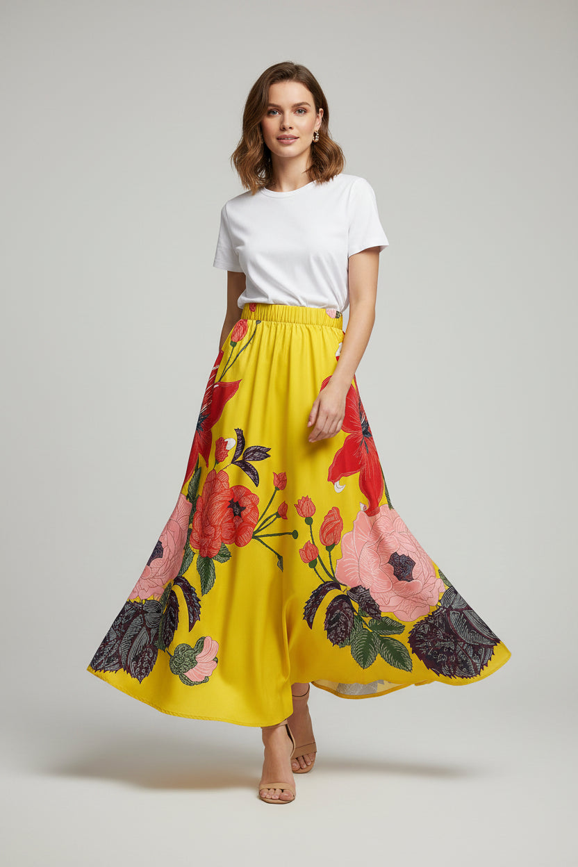 Women’s Boho Bloom High-Rise Maxi Skirt with Side Pockets - Flowing Elastic Waist A-Line Skirt