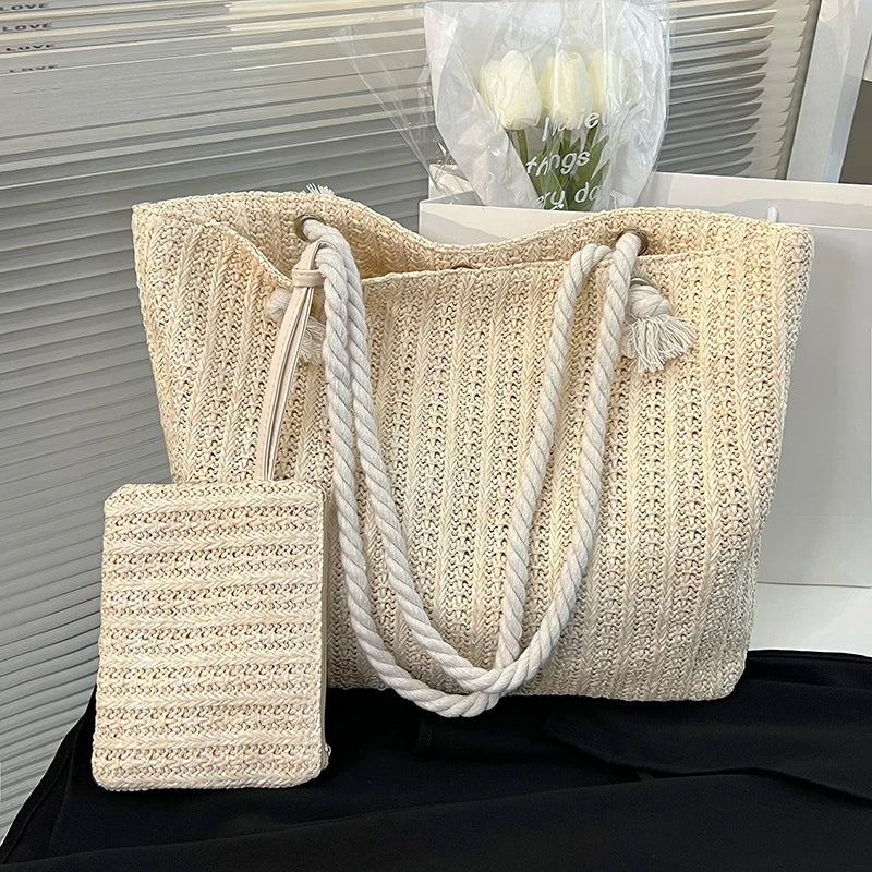 Women's Boho Knit Tote Bag – Woven Shoulder Carryall