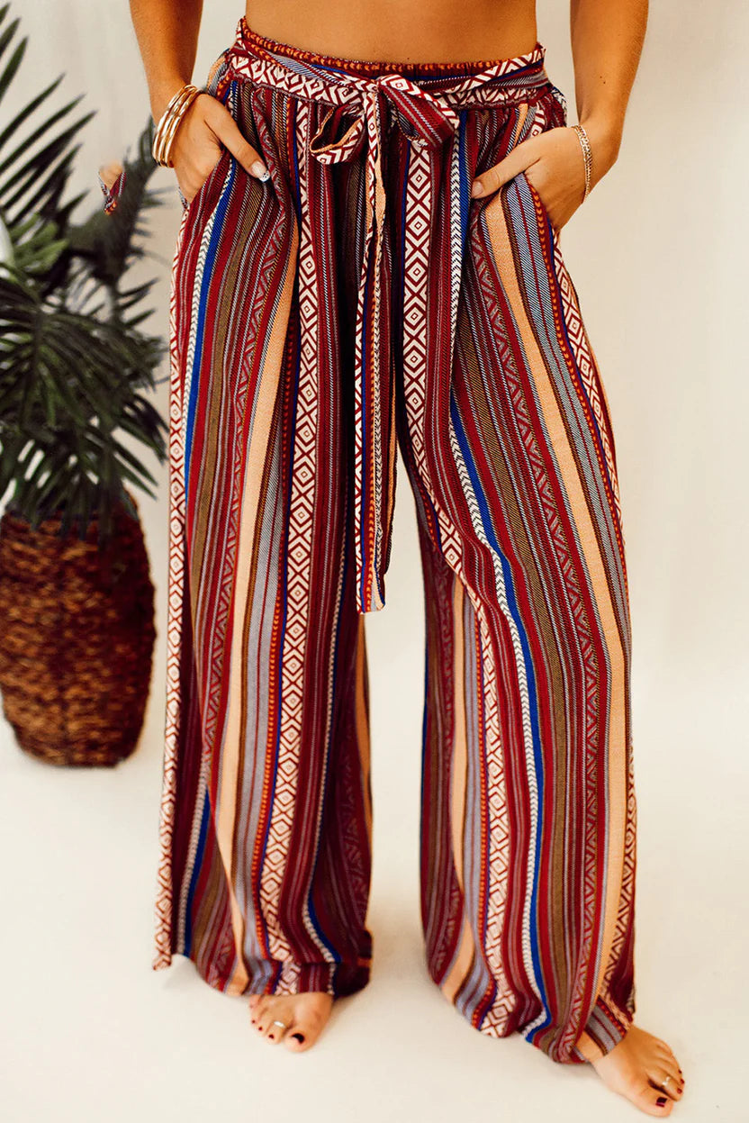 Women's Boho Summer Flow Pants – Striped Ethnic-Inspired Wide-Leg Trousers with Tie Front Detail