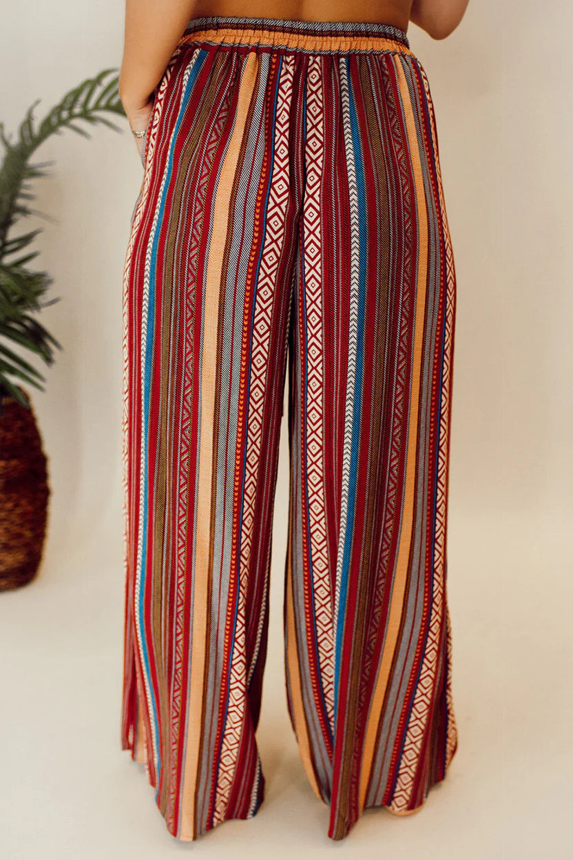 Women's Boho Summer Flow Pants – Striped Ethnic-Inspired Wide-Leg Trousers with Tie Front Detail