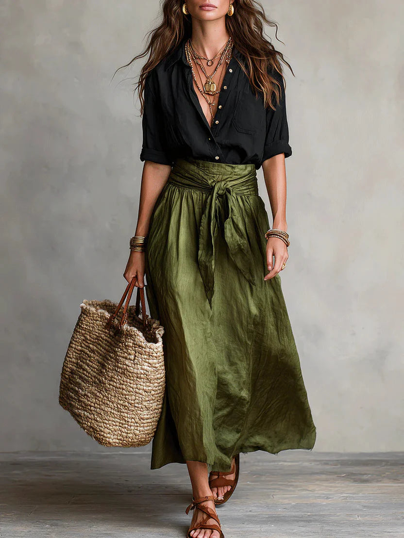 Women’s Breezy Linen Co-Ord Set – Relaxed Long Sleeve Blouse & Flowy Waist-Tie Skirt Ensemble
