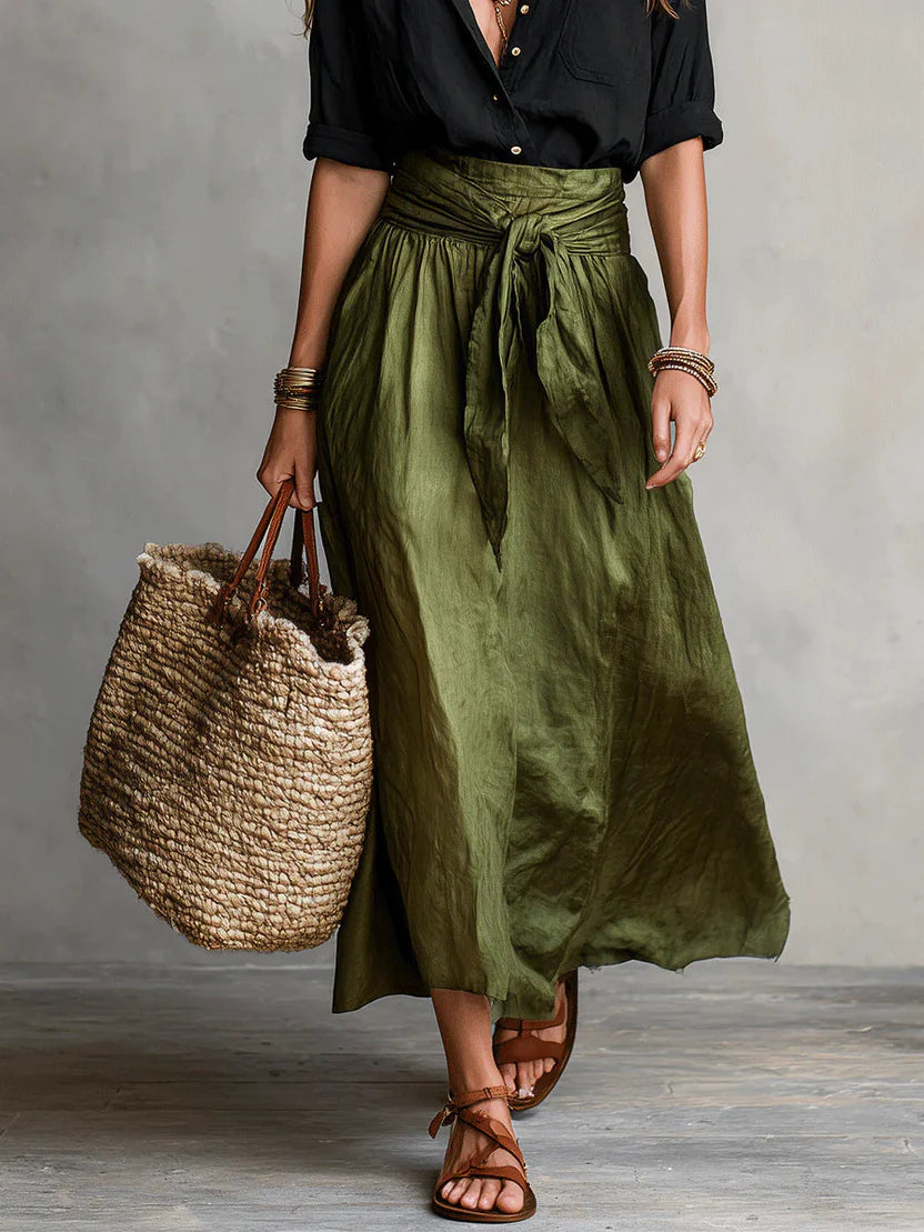 Women’s Breezy Linen Co-Ord Set – Relaxed Long Sleeve Blouse & Flowy Waist-Tie Skirt Ensemble