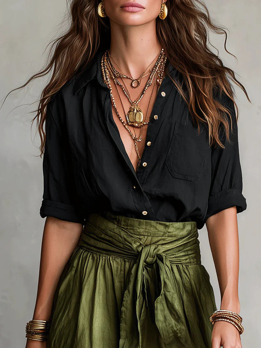 Women’s Breezy Linen Co-Ord Set – Relaxed Long Sleeve Blouse & Flowy Waist-Tie Skirt Ensemble
