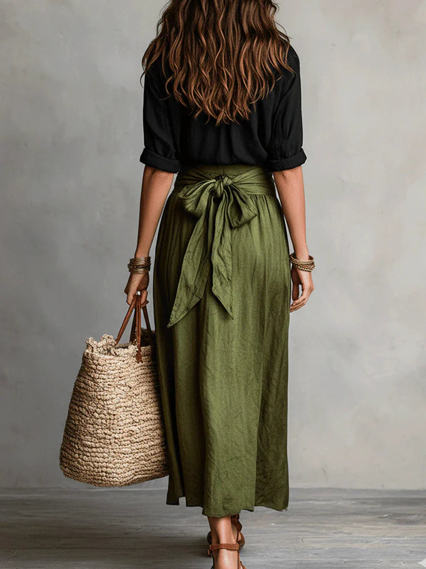 Women’s Breezy Linen Co-Ord Set – Relaxed Long Sleeve Blouse & Flowy Waist-Tie Skirt Ensemble
