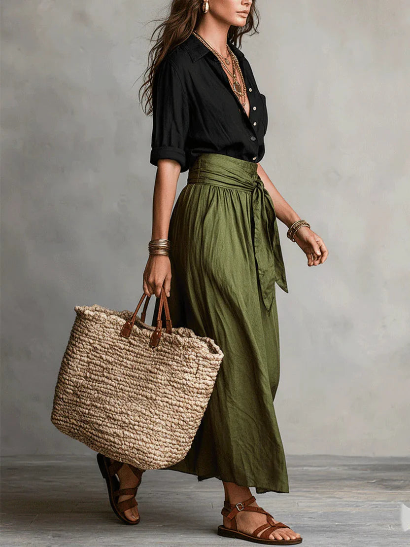 Women’s Breezy Linen Co-Ord Set – Relaxed Long Sleeve Blouse & Flowy Waist-Tie Skirt Ensemble