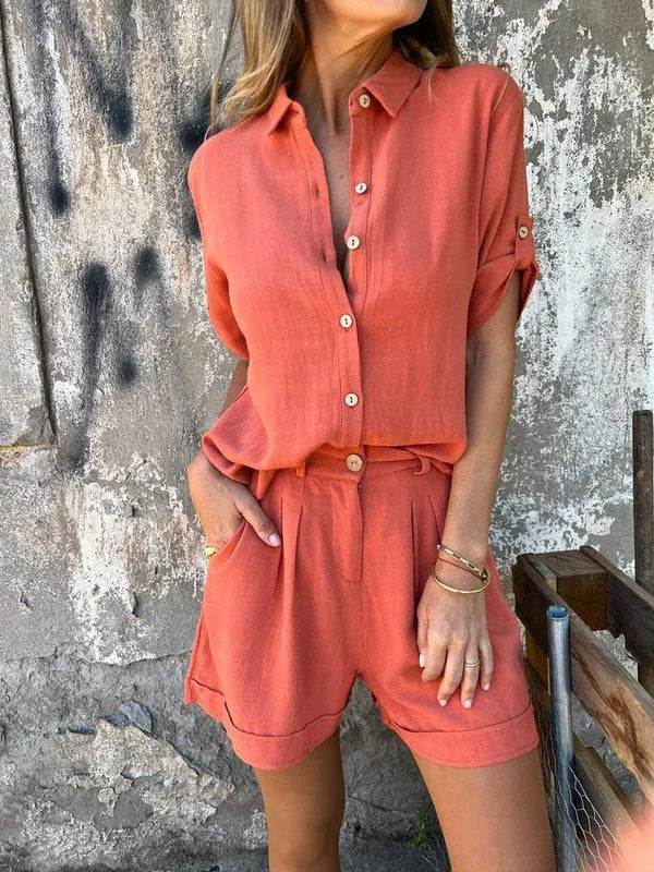 Women's Button-Front Short Sleeve Shirt & Pleated Shorts Set – Chic Summer Two-Piece Outfit