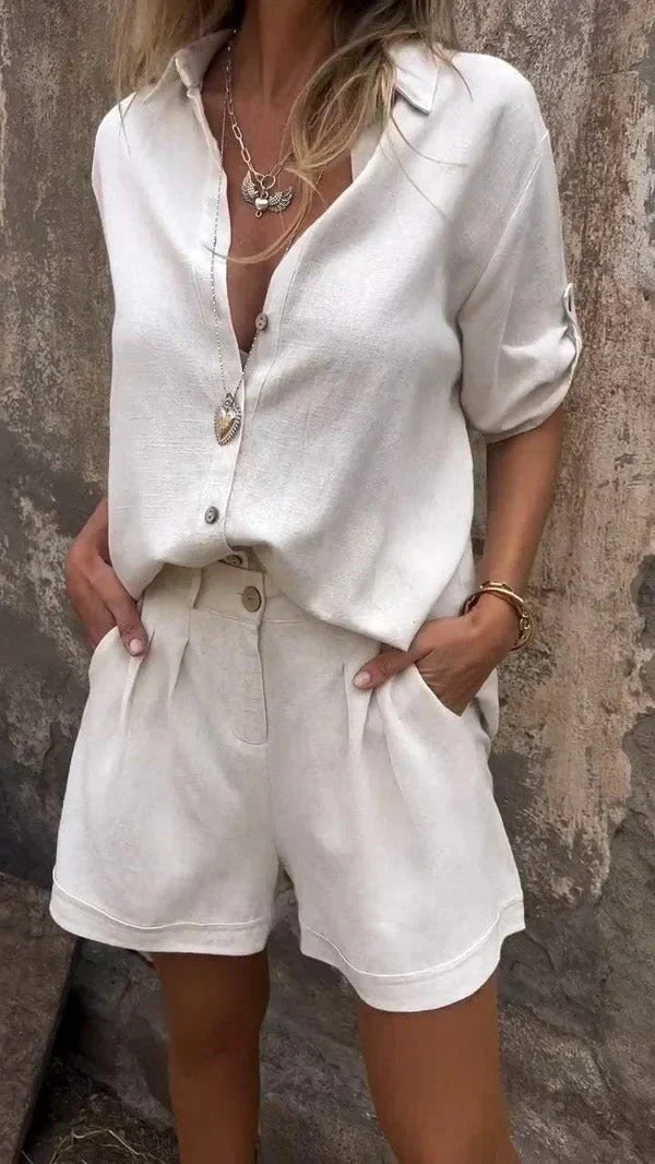 Women's Button-Front Short Sleeve Shirt & Pleated Shorts Set – Chic Summer Two-Piece Outfit
