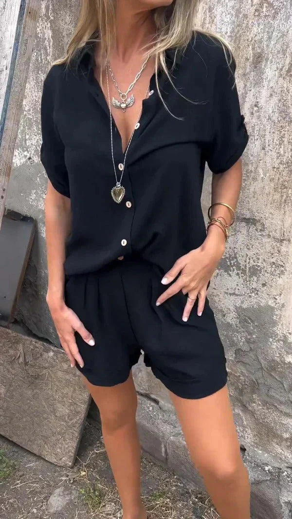 Women's Button-Front Short Sleeve Shirt & Pleated Shorts Set – Chic Summer Two-Piece Outfit