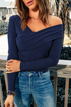 Vivian | Chic Ribbed Off-Shoulder Wrap Top – Elegant V-Neck Long Sleeve Fitted Blouse
