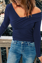Vivian | Chic Ribbed Off-Shoulder Wrap Top – Elegant V-Neck Long Sleeve Fitted Blouse