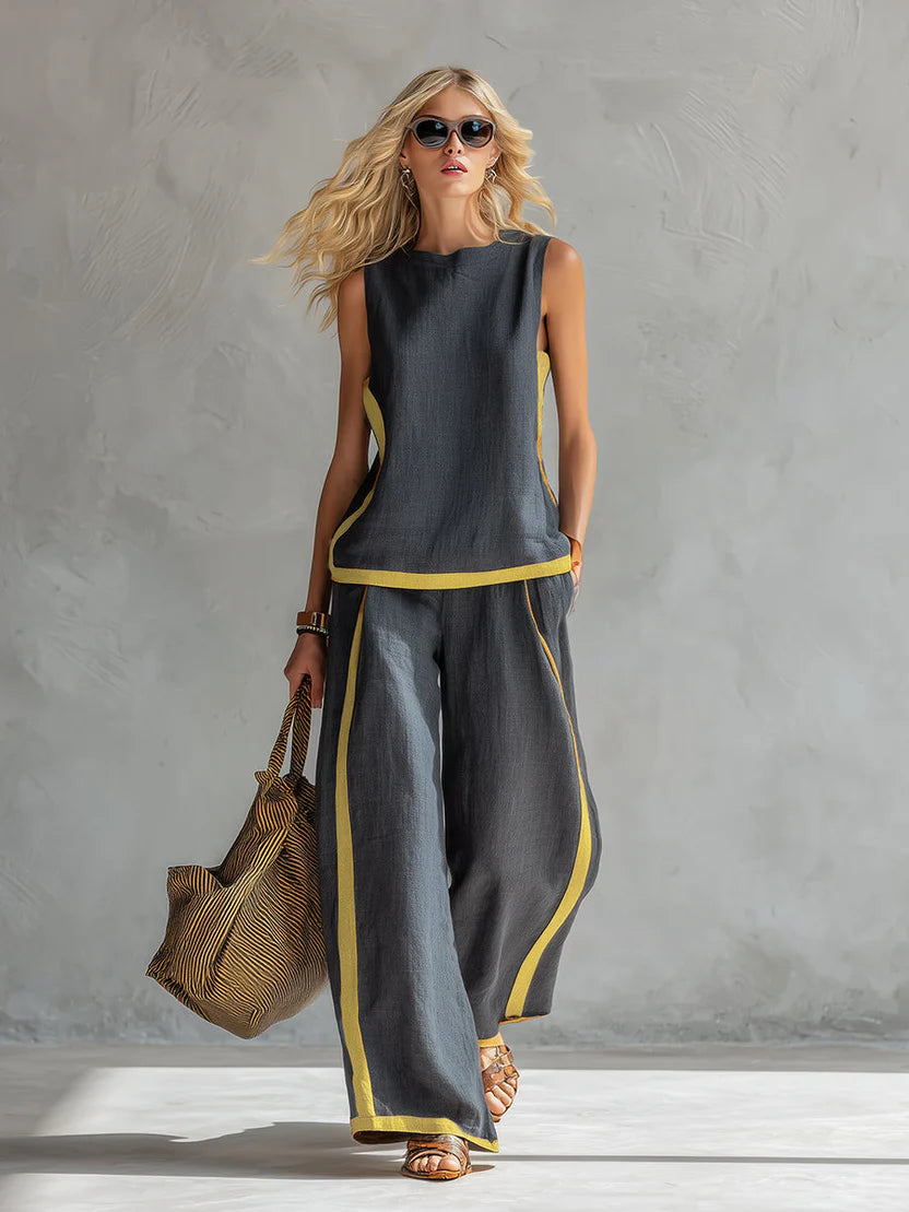 Women’s Chic Two-Piece Co-Ord Set – Sleeveless Tailored Top with Flowing Wide-Leg Pants Ensemble