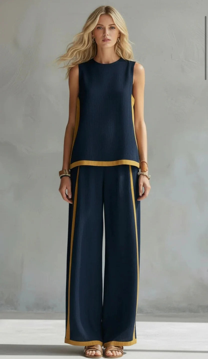Women’s Chic Two-Piece Co-Ord Set – Sleeveless Tailored Top with Flowing Wide-Leg Pants Ensemble