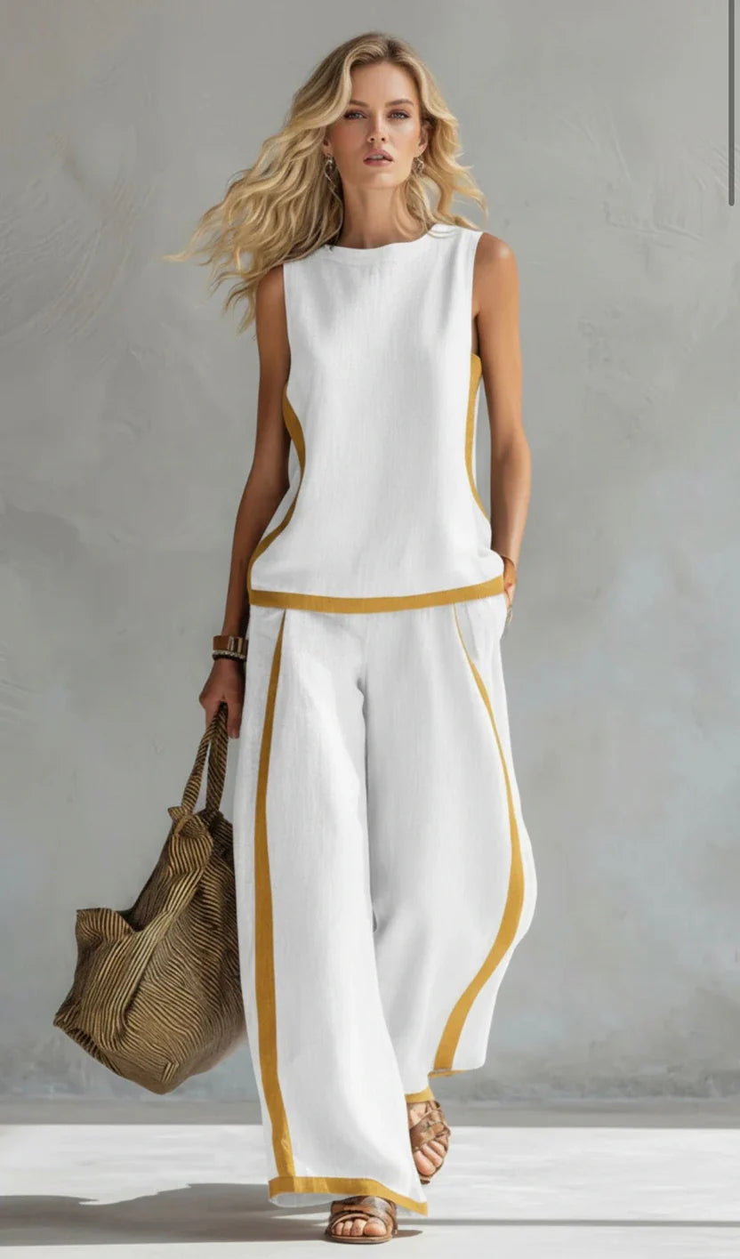 Women’s Chic Two-Piece Co-Ord Set – Sleeveless Tailored Top with Flowing Wide-Leg Pants Ensemble