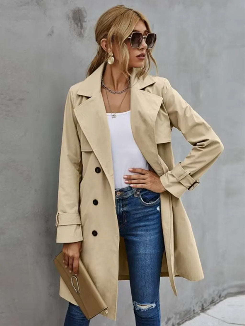 Adeline | Classic Longline Coat – Belted Button Front Trench Outerwear with Lapels