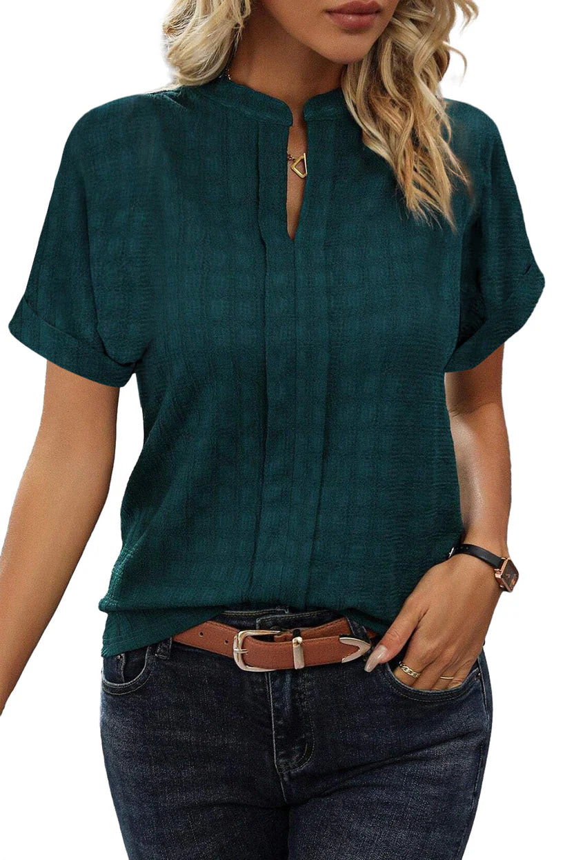 Women’s Coastal Chic Split-Neck Blouse – Sea Green Relaxed Fit Top with Effortless Elegance