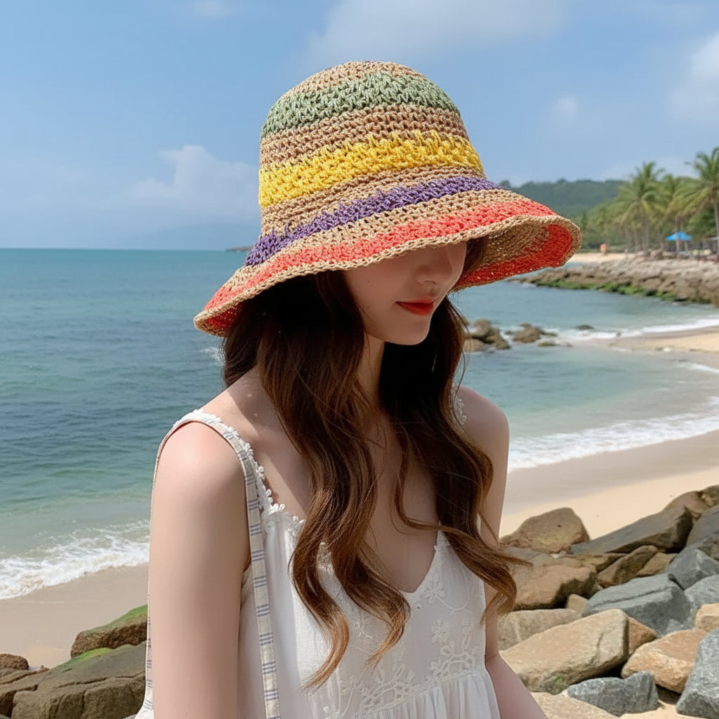 Women's Colorblock Crochet Bucket Sun Hat - Bohemian Beach Vibes