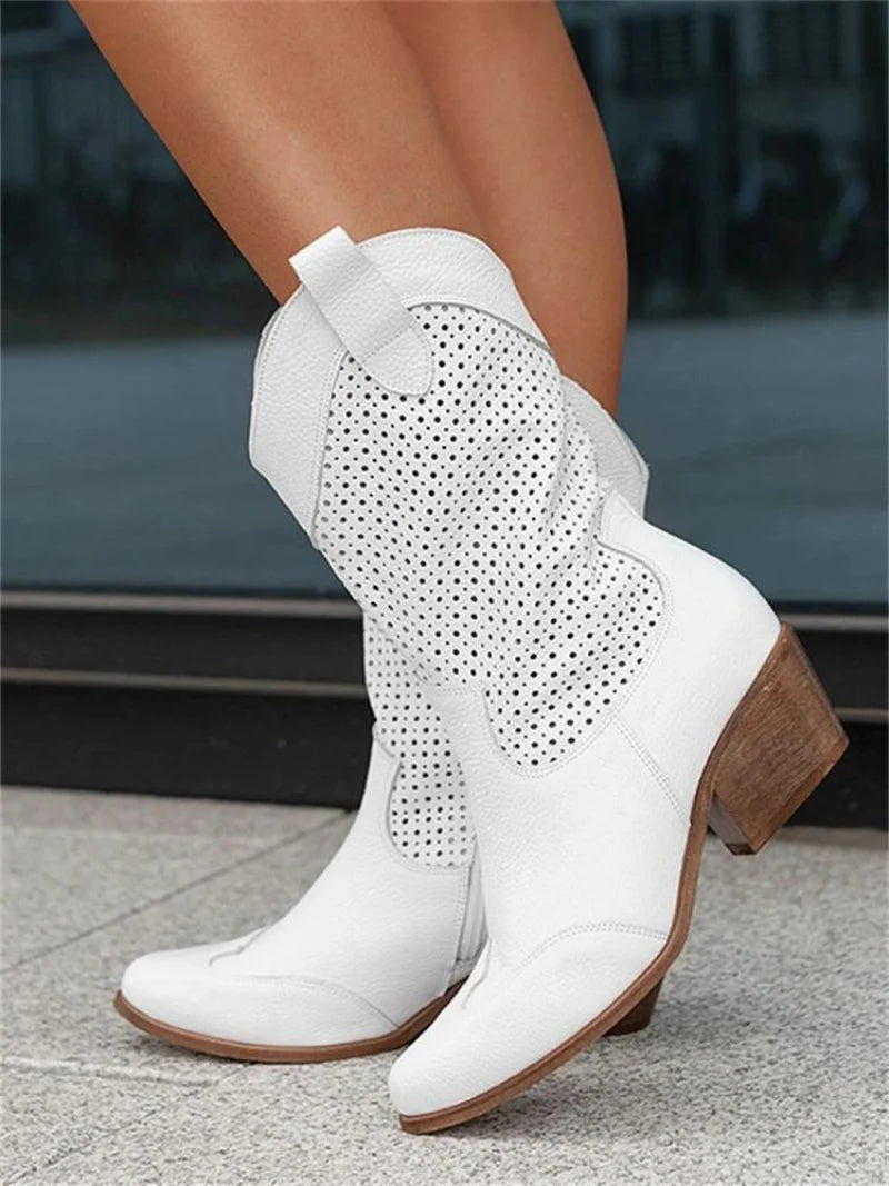 Women's Cowboy Mid-Calf Boots with Cutout Detail – Vintage Western Fashion Footwear