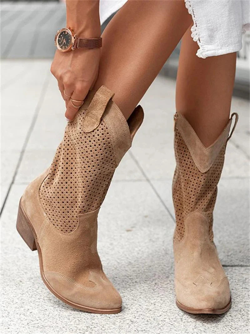 Women's Cowboy Mid-Calf Boots with Cutout Detail – Vintage Western Fashion Footwear