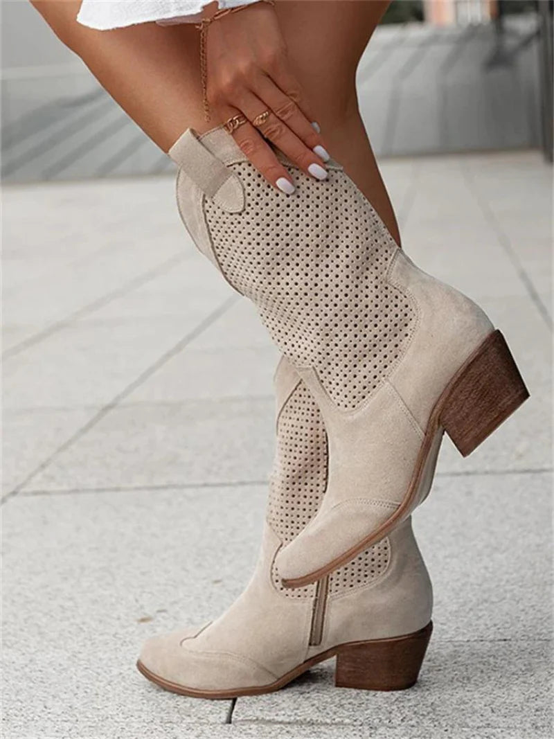 Women's Cowboy Mid-Calf Boots with Cutout Detail – Vintage Western Fashion Footwear