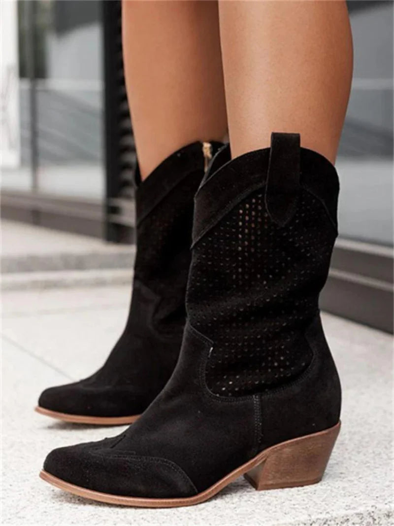 Women's Cowboy Mid-Calf Boots with Cutout Detail – Vintage Western Fashion Footwear