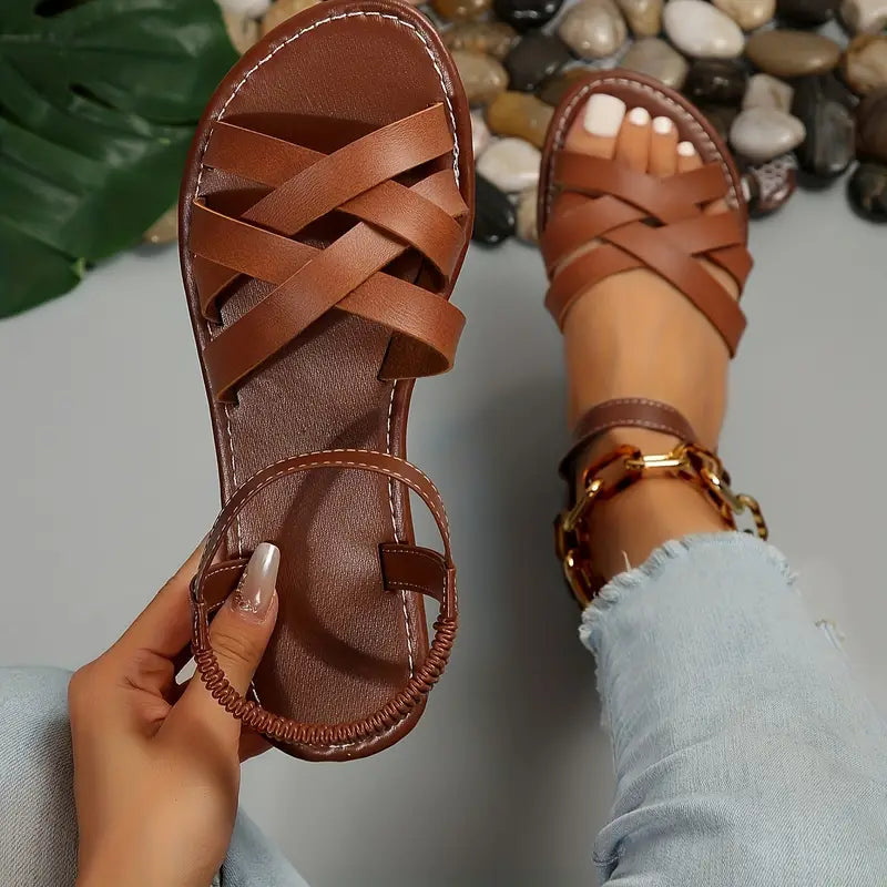 Women's Crisscross Strap Flat Sandals – Elegant Open Toe Casual Summer Footwear