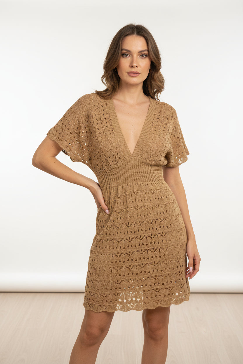 Women's Crochet Beach Cover-Up Dress – V-Neck Short Sleeve Mini Swimwear Cover