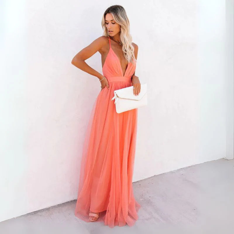 Women's Deep V Neck Evening Maxi Dress– Sleeveless Occasion Wear Dress