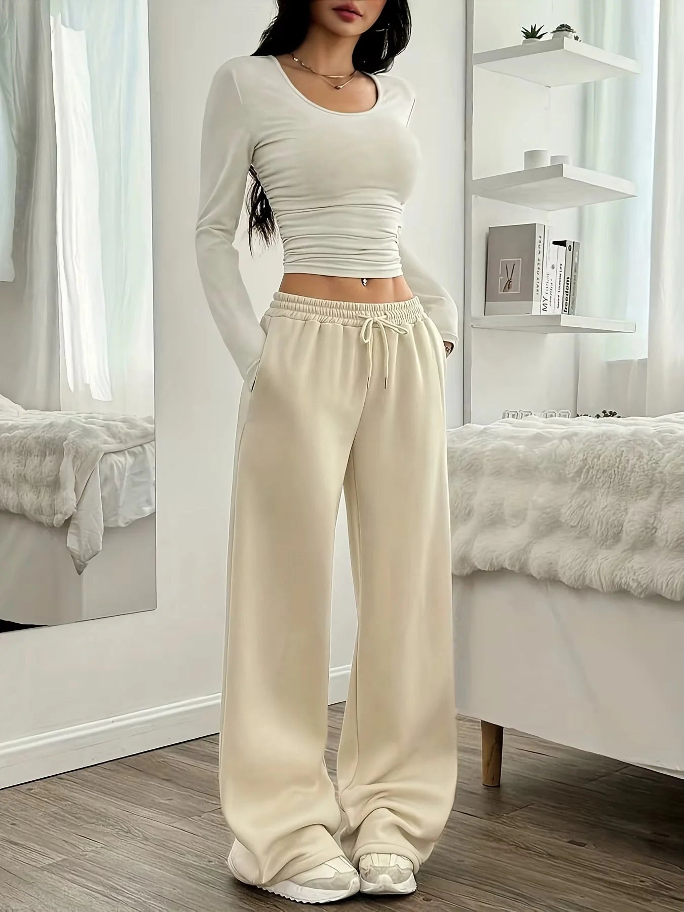 Women's Drawstring Wide Leg Lounge Pants – Relaxed Everyday Casual Trousers