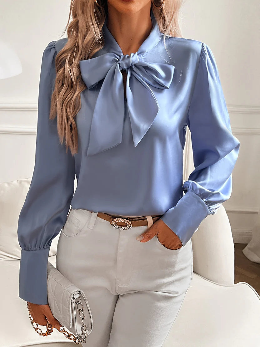 Women’s Elegant Satin Tie-Neck Blouse – Luxe Bow Detail Top with Flowing Lantern Sleeves