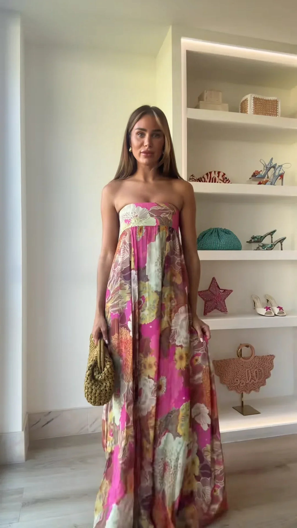 Women’s Elegant Strapless Floral Maxi Dress – Romantic Flowing Occasion Dress for Wedding Guest Style