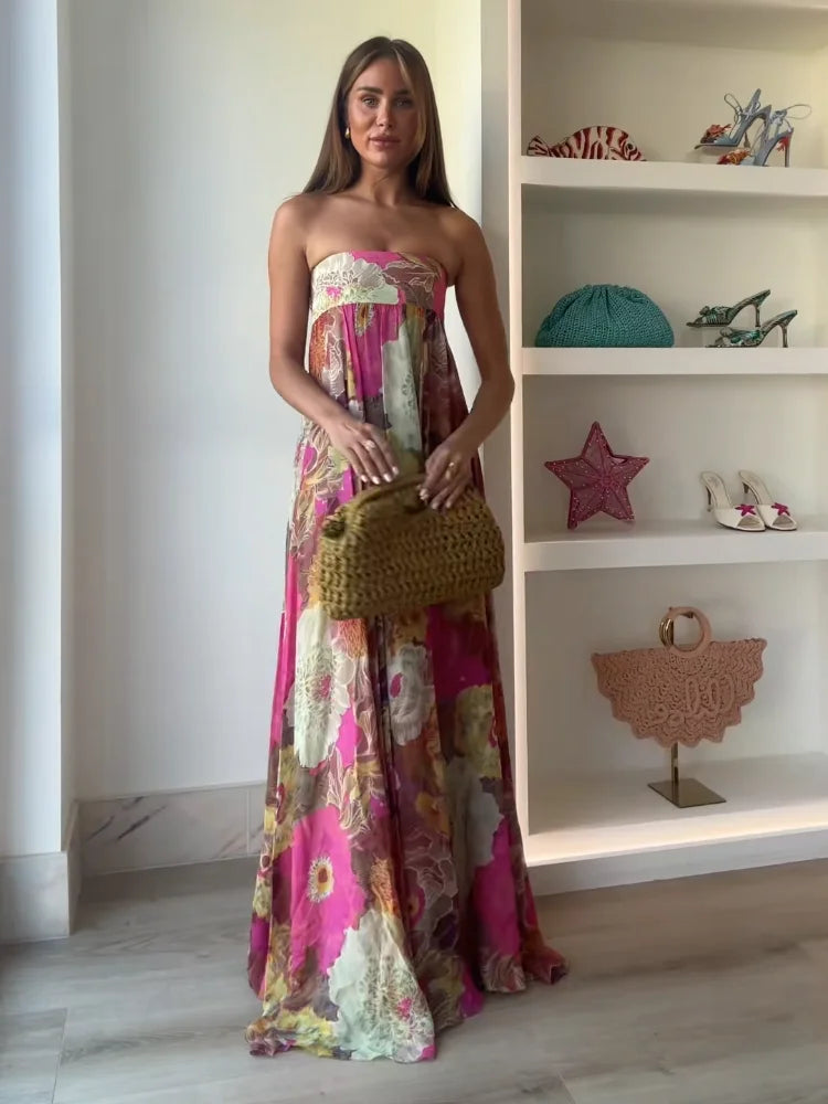 Women’s Elegant Strapless Floral Maxi Dress – Romantic Flowing Occasion Dress for Wedding Guest Style