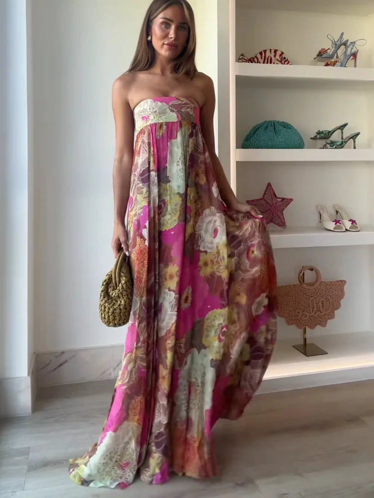 Women’s Elegant Strapless Floral Maxi Dress – Romantic Flowing Occasion Dress for Wedding Guest Style