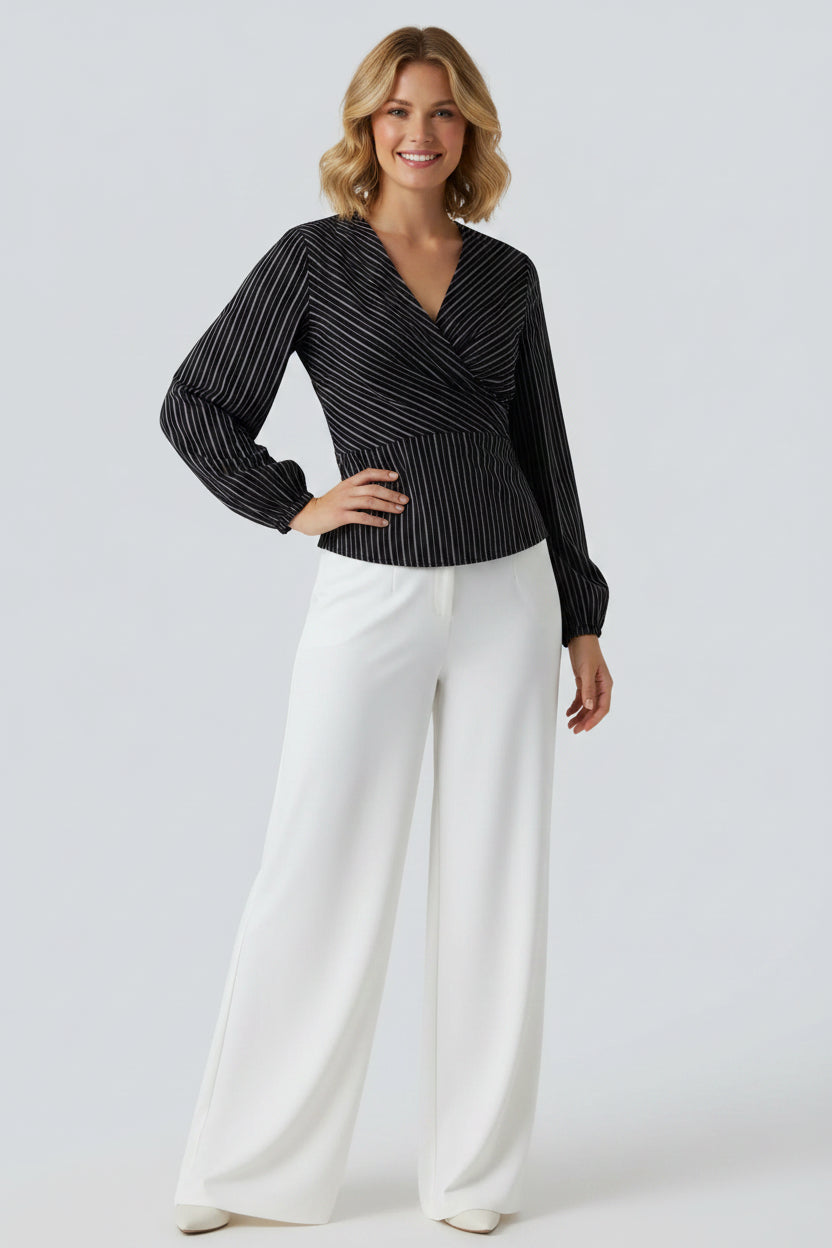 Women’s Elegant Striped Blouse – V-Neck Long Sleeve Fashion Top
