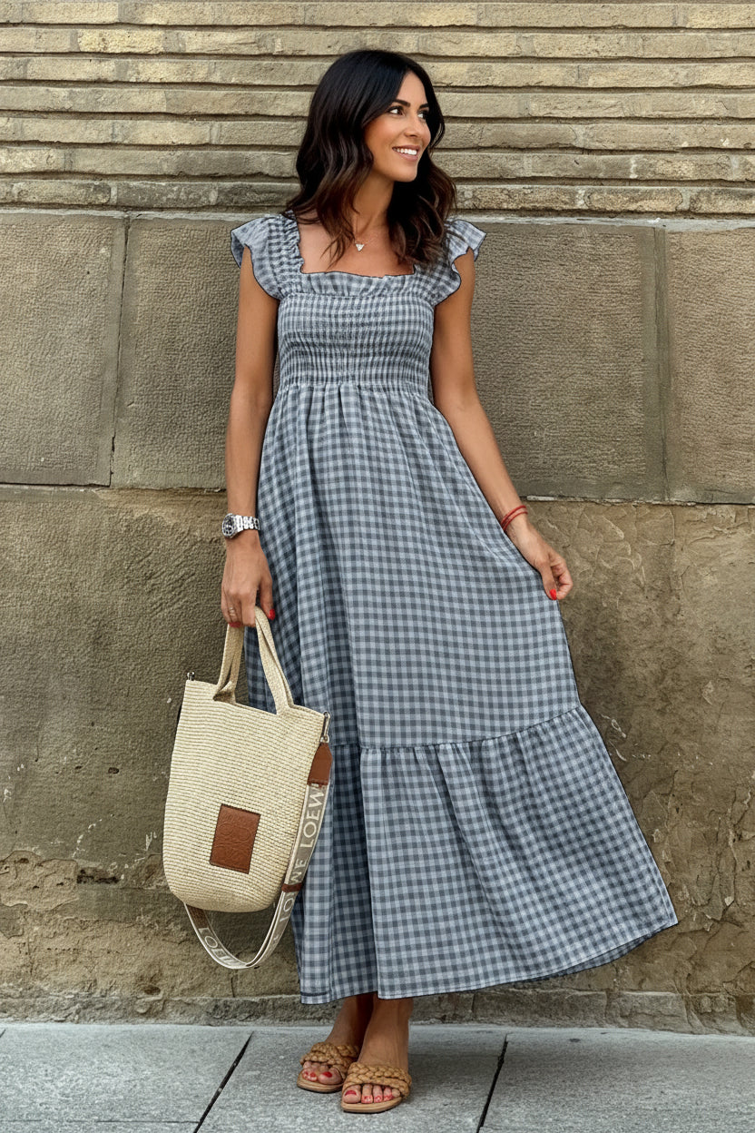 Women's Feminine Square Neck Maxi Dress – Soft Ruffle Sleeves Elegant Formal Outfit