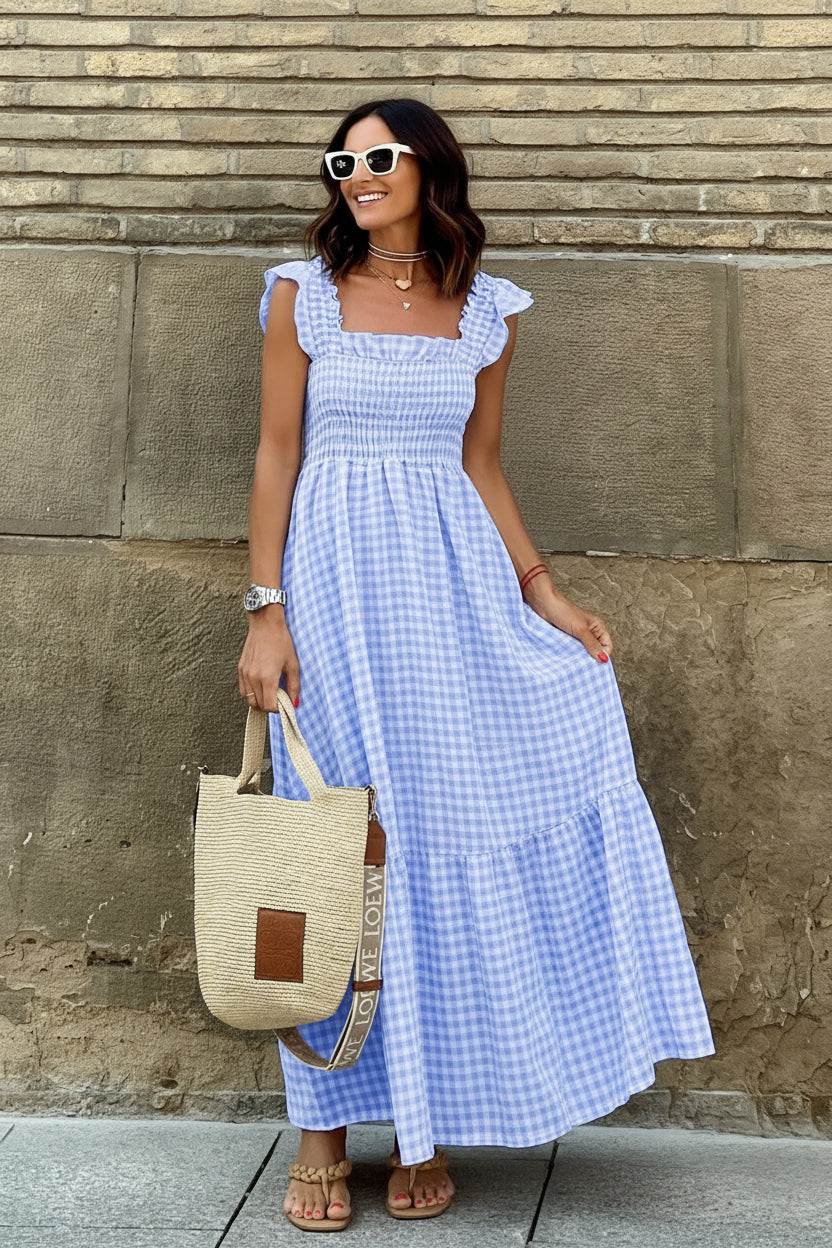 Women's Feminine Square Neck Maxi Dress – Soft Ruffle Sleeves Elegant Formal Outfit